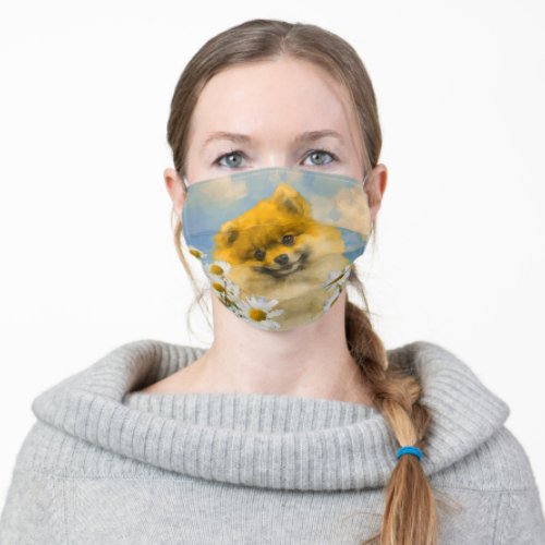 Pomeranian in Daisies Painting _ Original Dog Art Adult Cloth Face Mask