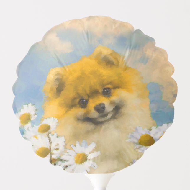 Pomeranian in Daisies Painting - Original Dog Art Balloon (Front)