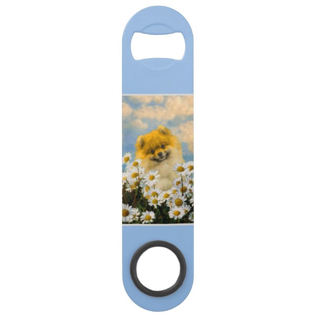 Pomeranian in Daisies Painting - Original Dog Art Bar Key (Back)
