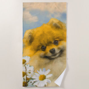 Pomeranian in Daisies Painting - Original Dog Art Beach Towel