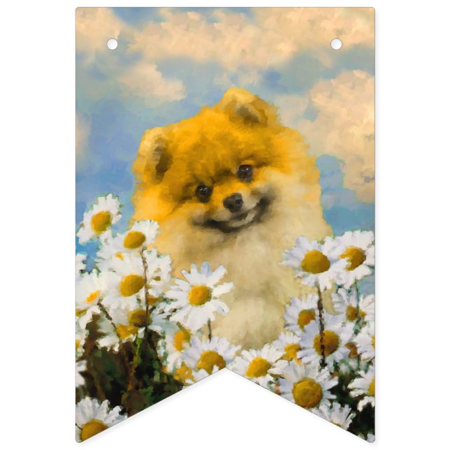 Pomeranian in Daisies Painting - Original Dog Art Bunting Flags (First Flag)