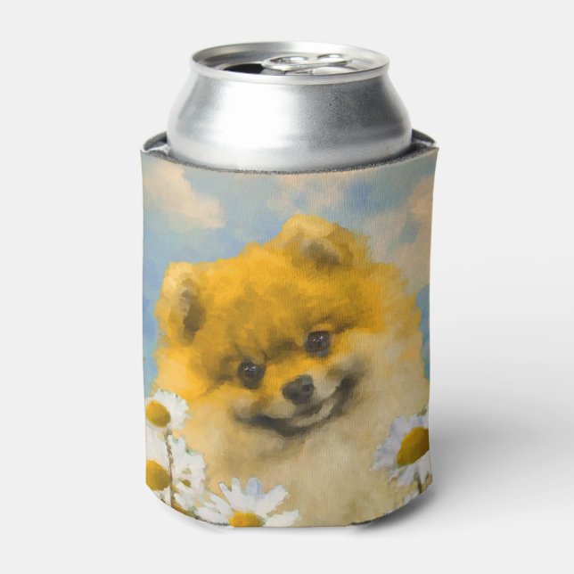 Pomeranian in Daisies Painting - Original Dog Art Can Cooler (Can Front)