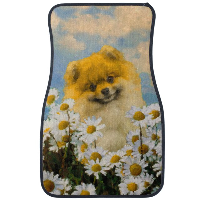 Pomeranian in Daisies Painting - Original Dog Art Car Floor Mat (Front)
