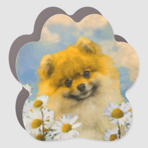 Pomeranian in Daisies Painting - Original Dog Art Car Magnet