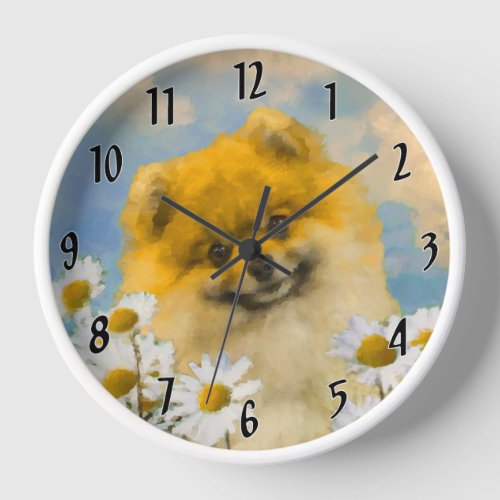 Pomeranian in Daisies Painting _ Original Dog Art Clock
