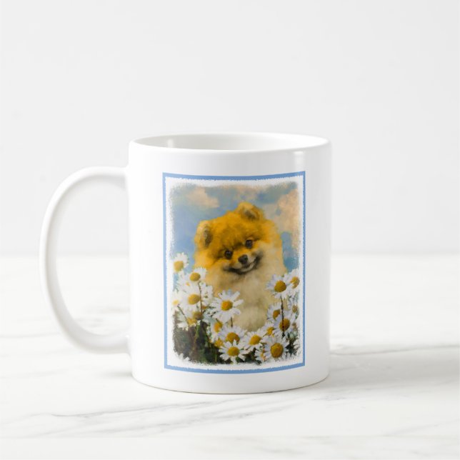 Pomeranian in Daisies Painting - Original Dog Art Coffee Mug (Left)