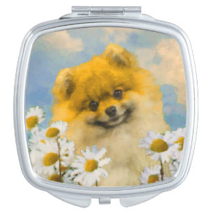Pomeranian in Daisies Painting - Original Dog Art Compact Mirror