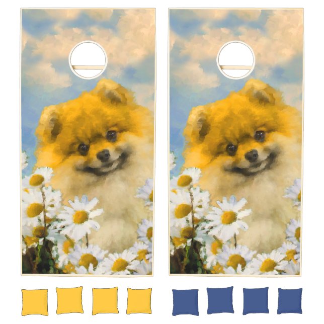 Pomeranian in Daisies Painting - Original Dog Art Cornhole Set (Set)