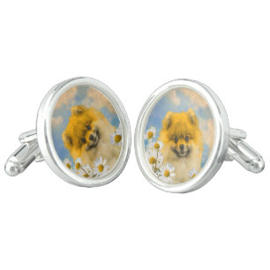 Pomeranian in Daisies Painting - Original Dog Art Cufflinks