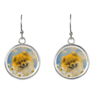 Pomeranian in Daisies Painting - Original Dog Art Earrings