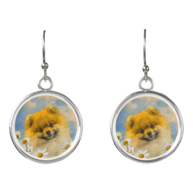 Pomeranian in Daisies Painting - Original Dog Art Earrings (Front)