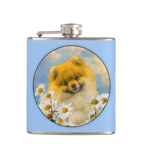 Pomeranian in Daisies Painting _ Original Dog Art Flask