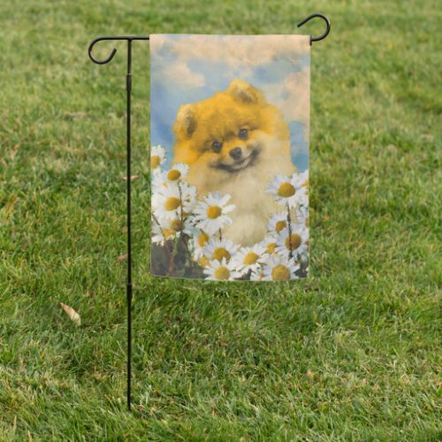 Pomeranian in Daisies Painting _ Original Dog Art Garden Flag