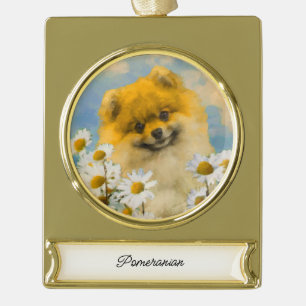 Pomeranian in Daisies Painting - Original Dog Art  Gold Plated Banner Ornament
