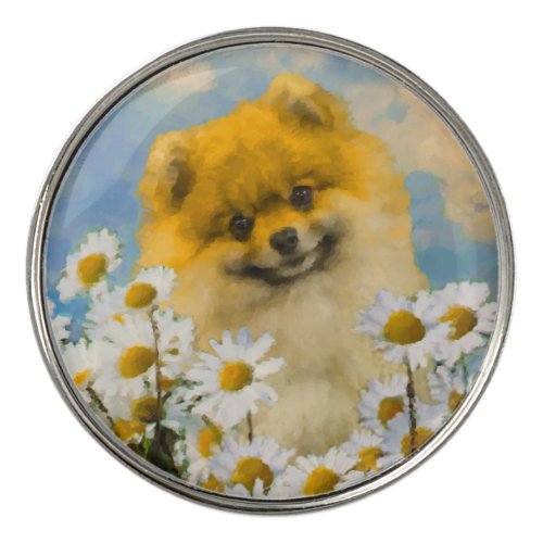 Pomeranian in Daisies Painting _ Original Dog Art Golf Ball Marker