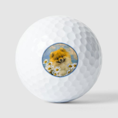 Pomeranian in Daisies Painting _ Original Dog Art Golf Balls
