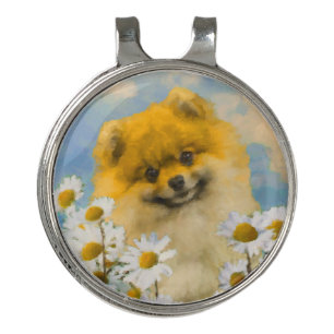 Pomeranian in Daisies Painting - Original Dog Art Golf Hat Clip