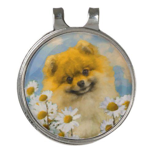Pomeranian in Daisies Painting _ Original Dog Art Golf Hat Clip