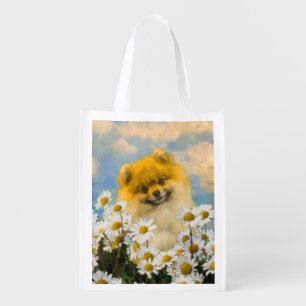 Pomeranian in Daisies Painting - Original Dog Art Grocery Bag