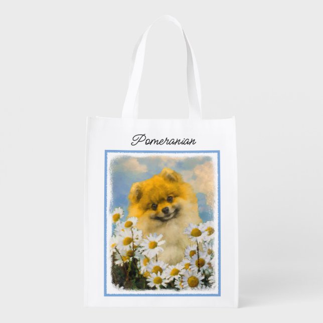 Pomeranian in Daisies Painting - Original Dog Art  Grocery Bag (Back)