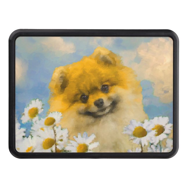 Pomeranian in Daisies Painting - Original Dog Art Hitch Cover (Front)