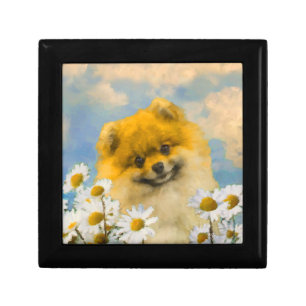 Pomeranian in Daisies Painting - Original Dog Art Keepsake Box