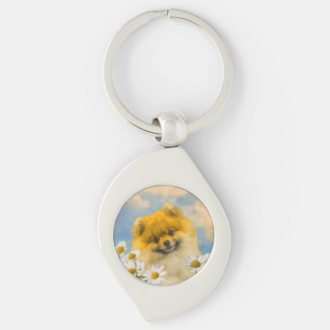 Pomeranian in Daisies Painting - Original Dog Art Keychain (Front)