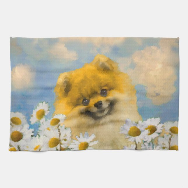Pomeranian in Daisies Painting - Original Dog Art Kitchen Towel (Horizontal)