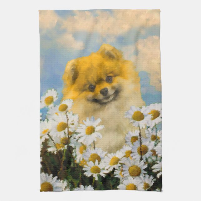 Pomeranian in Daisies Painting - Original Dog Art Kitchen Towel (Vertical)