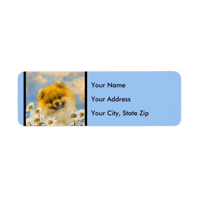 Pomeranian in Daisies Painting - Original Dog Art Label (Front)