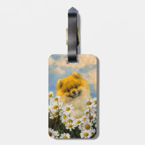 Pomeranian in Daisies Painting _ Original Dog Art Luggage Tag
