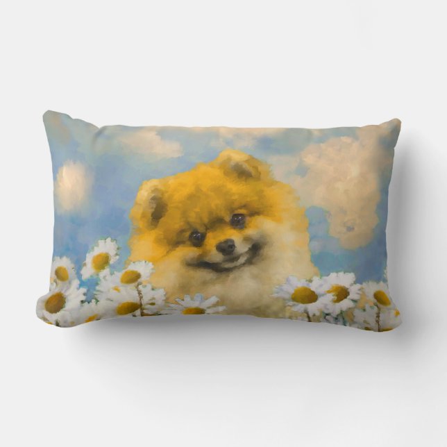 Pomeranian in Daisies Painting - Original Dog Art Lumbar Pillow (Front)