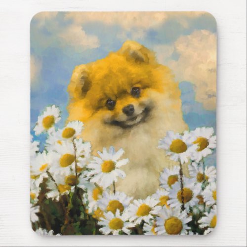 Pomeranian in Daisies Painting _ Original Dog Art Mouse Pad