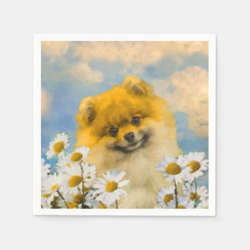 Pomeranian in Daisies Painting _ Original Dog Art Napkins