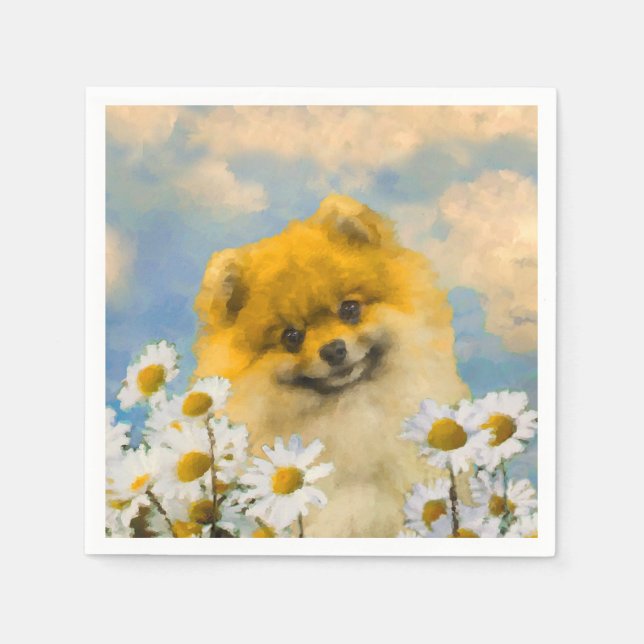 Pomeranian in Daisies Painting - Original Dog Art Napkins (Front)