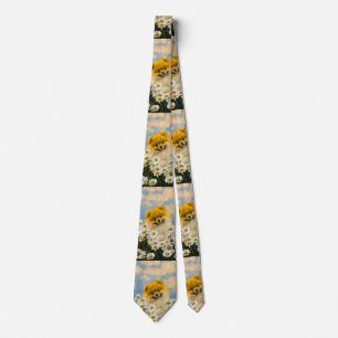 Pomeranian in Daisies Painting - Original Dog Art Neck Tie