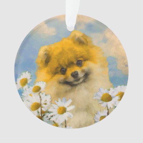 Pomeranian in Daisies Painting _ Original Dog Art Ornament