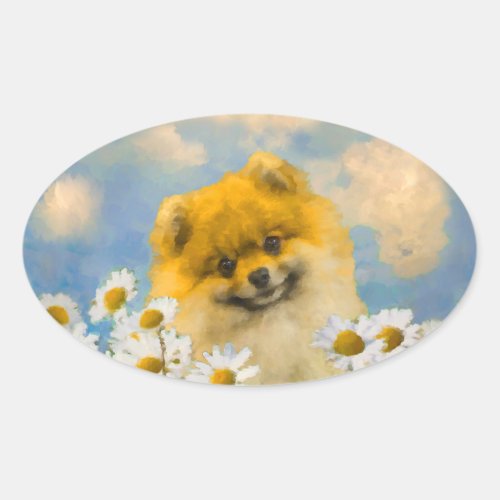 Pomeranian in Daisies Painting _ Original Dog Art Oval Sticker
