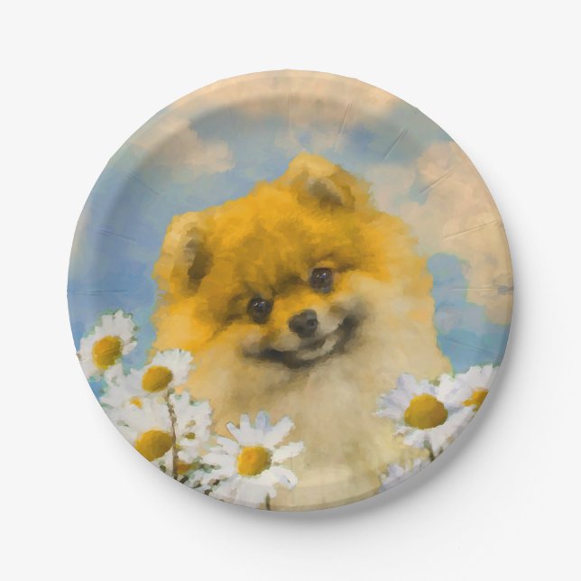 Pomeranian in Daisies Painting - Original Dog Art Paper Plates (Front)