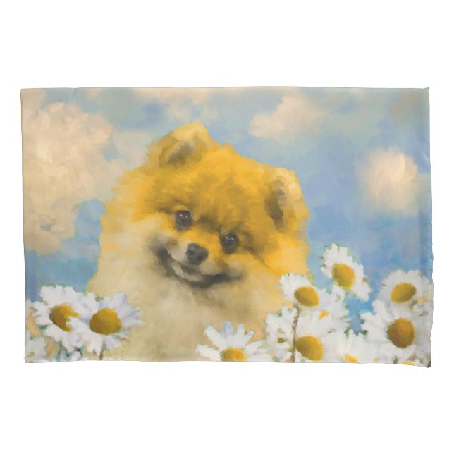 Pomeranian in Daisies Painting - Original Dog Art Pillow Case (Front)
