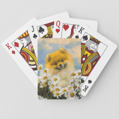 Pomeranian in Daisies Painting _ Original Dog Art Playing Cards