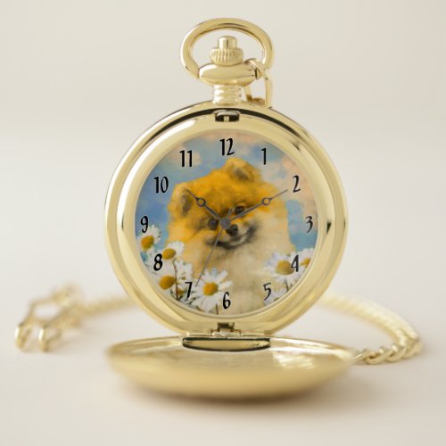 Pomeranian in Daisies Painting _ Original Dog Art Pocket Watch