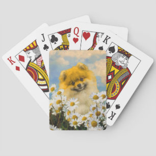 Pomeranian in Daisies Painting - Original Dog Art Poker Cards