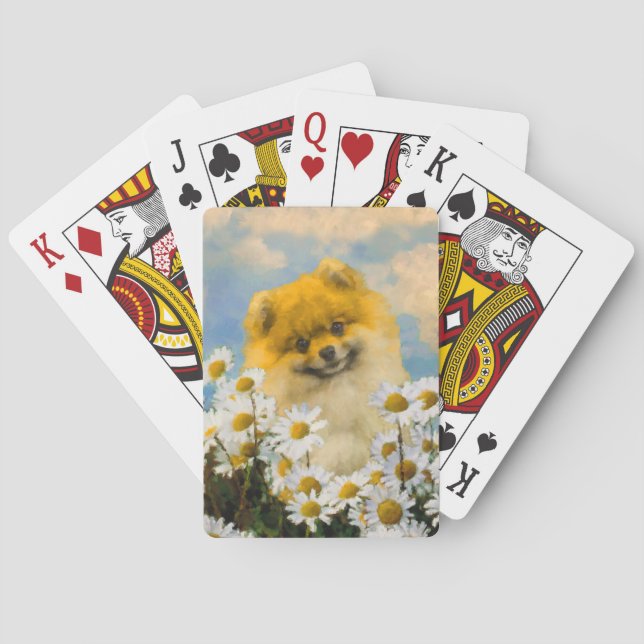 Pomeranian in Daisies Painting - Original Dog Art Poker Cards (Back)