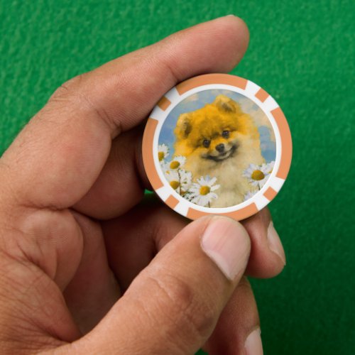 Pomeranian in Daisies Painting _ Original Dog Art Poker Chips