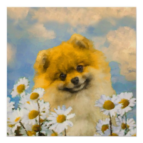 Pomeranian in Daisies Painting _ Original Dog Art Poster