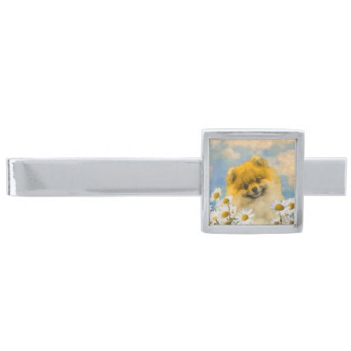 Pomeranian in Daisies Painting _ Original Dog Art Silver Finish Tie Clip