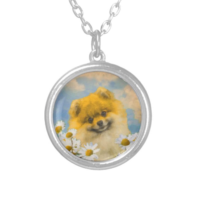 Pomeranian in Daisies Painting - Original Dog Art Silver Plated Necklace (Front)