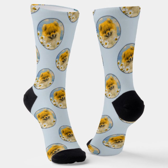 Pomeranian in Daisies Painting Original Dog Art Socks (Angled)
