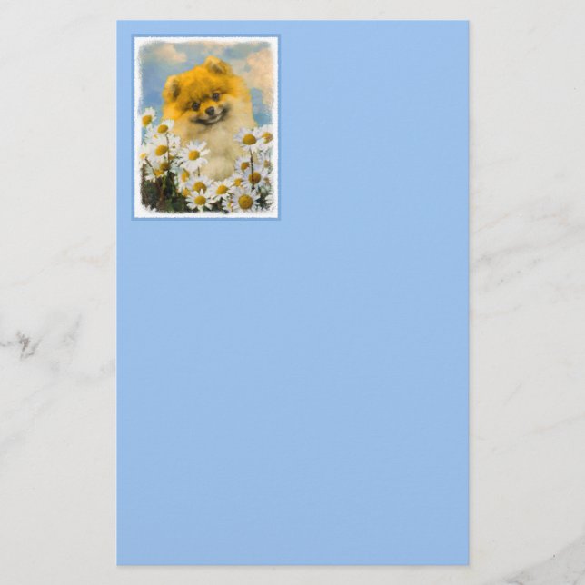 Pomeranian in Daisies Painting - Original Dog Art Stationery (Front)